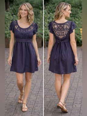 Gray Baby Doll Mini Dress Cut Out Floral Design Front & Back 100% Silk Size 6